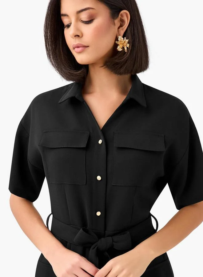 Iconic  Iconic Midi Belted Shirt Dress with Pocket Detail for Women | Best Price UAE